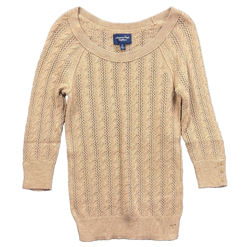 American Eagle Cable Knit Sweater Small Light Brown Preppy Academia Boho Cottage